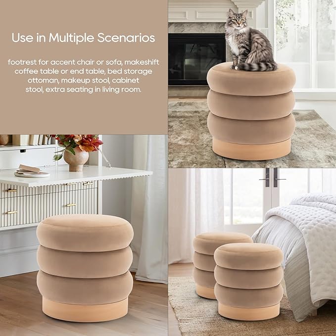 COLAMY Velvet Ottoman Footstool, Tufted Modern Foot Rest Stool with Wood Base for Living Room, Bedroom, Desk, Round Versatile Side End Table, Pouf, Makeup Seat, Camel