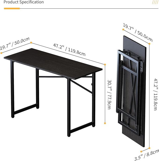 Folding Computer Desk 47 inch Writing Gaming Computer Camping Table, No Assembly Required Home Office Desk, Black