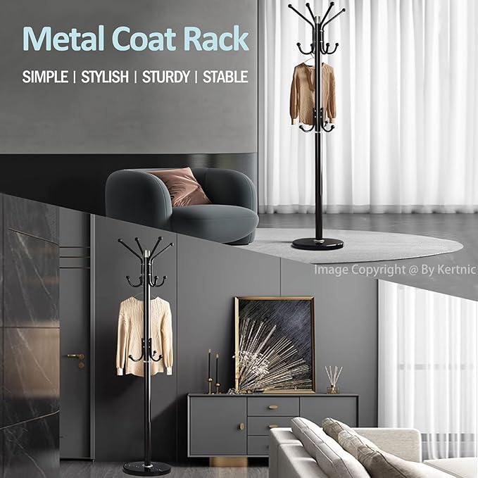 Kertnic Modern Coat Rack Freestanding with Natural Marble Base & Sturdy Metal Frame, 11 Hooks Hall Tree for Jackets, Hats, Bags, Entryway Organizer for Bedroom, Living Room, Closet (Black)