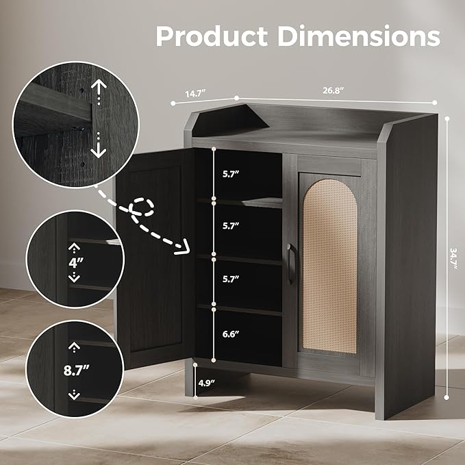 Shoe Cabinet Storage for Entryway, Natural Rattan Shoes Cupboard, Wooden Shoe Rack with Doors and Shelves, Farmhouse Boho Wood Shoe Organizer Cabinet for Hallway Black