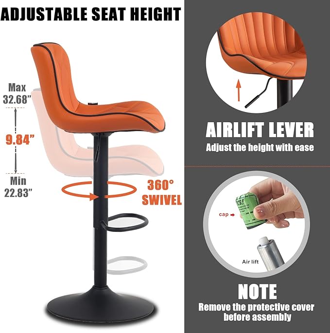 YOUNIKE Orange Bar Stools Set of 6 Modern Swivel Counter Height Bar Chair with Back Adjustable Kitchen Island Faux Leather Padded Barstools taburetes de bar Breakfast sillas para barra de cocina 6PCS
