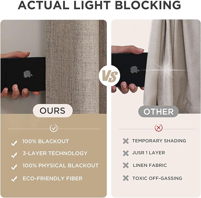 Joydeco 100% Blackout Curtains for Bedroom - Natural Linen Curtains 100"W x 90"L Long, Thermal Insulated 1 Panels Linen Light Blocking Drapes, Rod Pocket & Back Tabs, Darkening Privacy for Living Room