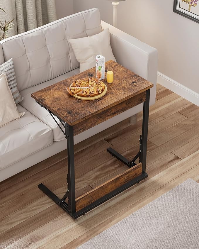 Tatub Folding TV Tray Table, 24" Wide C-Shaped End Table for Couches, Small Sofa-Side Laptop Desk with Metal Frame for Living Room, Bedroom, Rustic Brown