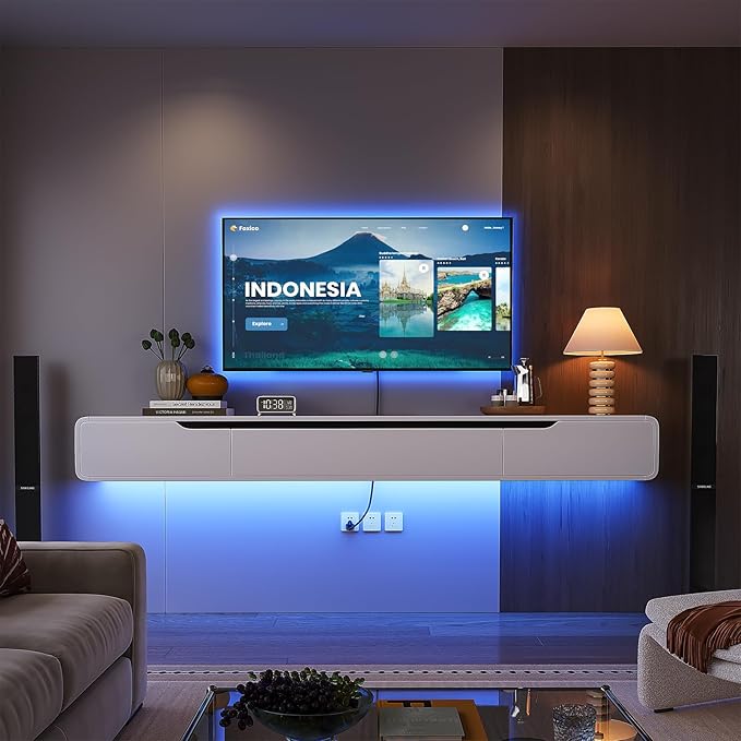 Fully-Assembled Floating TV Stand with Drawers, 94IN High Gloss Wall Mounted Entertainment Center, Modern Media Console with Storage, Under TV Shelf for Bedroom Living Room White