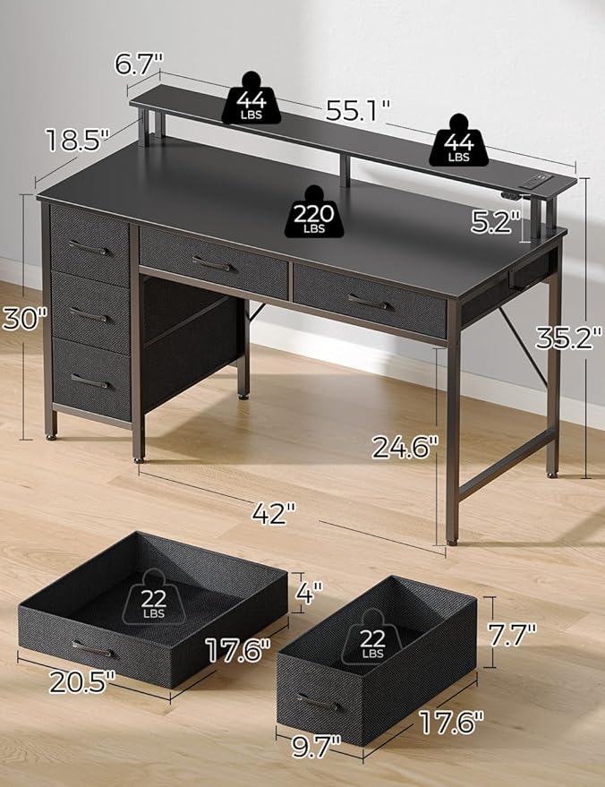 Seventable Computer Desk with Power Outlets & LED Light, 55 inch Home Office Desk with 5 Drawers, Writing Desk with Monitor Stand, Work Desk for Home Office, Black