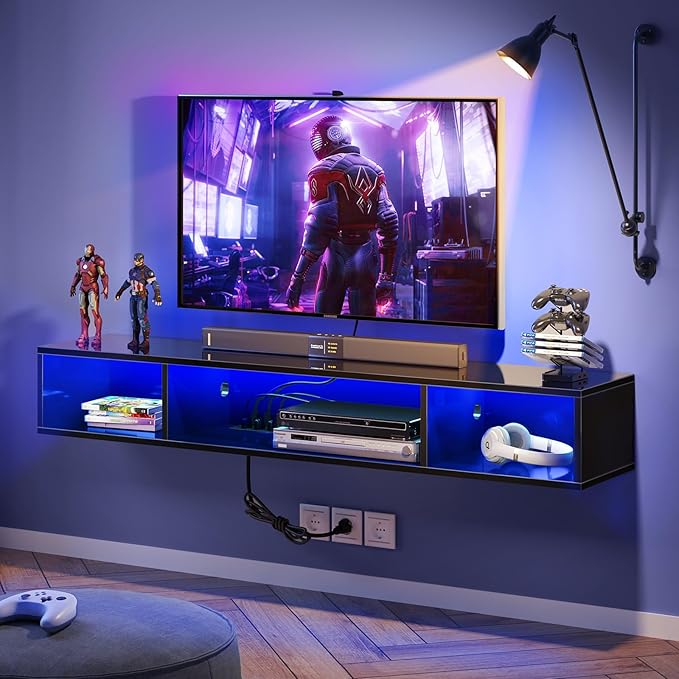 Rolanstar TV Stand with Power Outlet, Floating TV Stand with RGB Lights, 47.2" Wall Mounted TV Shelf, Glossy Black Media Console with Storage Shelf, Entertainment Under TV for Living Room, Bedroom