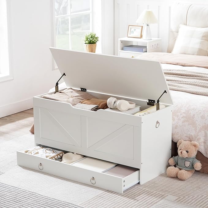 HOOBRO Storage Chest, 39.3" Toy Chest with Drawer, Wooden Storage Bench, Sturdy Entryway Bench Supports 220 lb, Shoe Bench, Safety Hinge, U-Shaped Opening, Easy Assembly, White WT710CW01G1