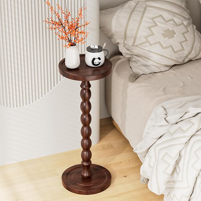 Solid Wood Drink Table, Rubber Wood‌ Small Round Side Table for Small Spaces, Martini Tables, Pedestal End Tables for Living Room, Bedroom, Corners, and Office (Dark Walnut, 9.4 inch)
