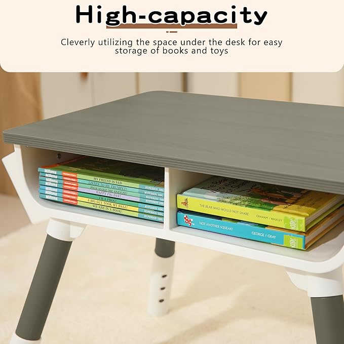 Kids Study Desk and Chair set Height Adjustable Graffiti Desktop Storage Drawer Storage Basket non Slip Legs Suitable for Max Weight of 220 Pounds Suitable for Children Aged 2-10(Dark grey 2Chair)