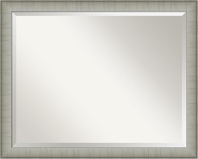 Amanti Art Silver Bathroom Mirror for Over Sink, 25x31 Elegant Brushed Pewter Narrow Rectangle Vanity Mirror, Large Casual Frame, Hangs Horizonally and Vertically, Bathroom Wall Decor, Beveled Edge