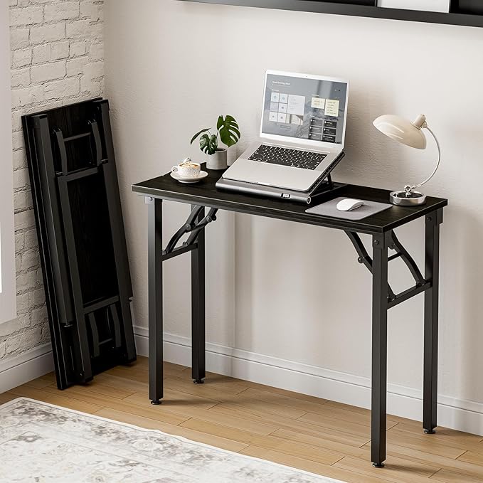 Frylr Small Folding Computer Desk – Portable 35.8 Inch Foldable Laptop Table, Collapsible and Compact for Easy Storage and Fast Setup, Lightweight for Small Spaces, Craft and Study Use, Dark Oak