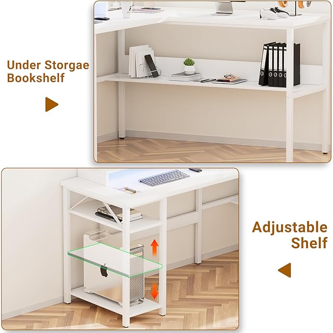 Unikito Reversible L Shaped Computer Desk with Power Outlets and Monitor Stand, Sturdy Corner Desk with RGB LED Light and Storage Shelves, Modern Work Desk for Home Office, Easy to Assemble, White