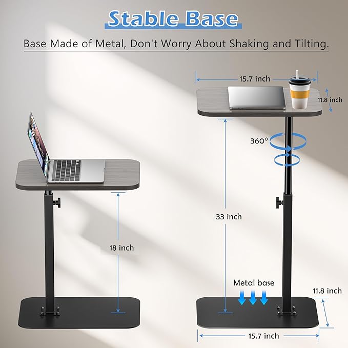Side Table Sofa Tray for Couch Heavy Metal Base Swivel/Adjustable Height, Sofa Bed Bathroom Study TV Tray C Shaped End Table Food Snack Trays for Eating