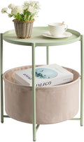 danpinera Round Side Table with Fabric Storage Basket, Metal Side Table Small Bedside Nightstand with Removable Tray Top for Living Room, Bedroom, Nursery, Laundry, Light Green