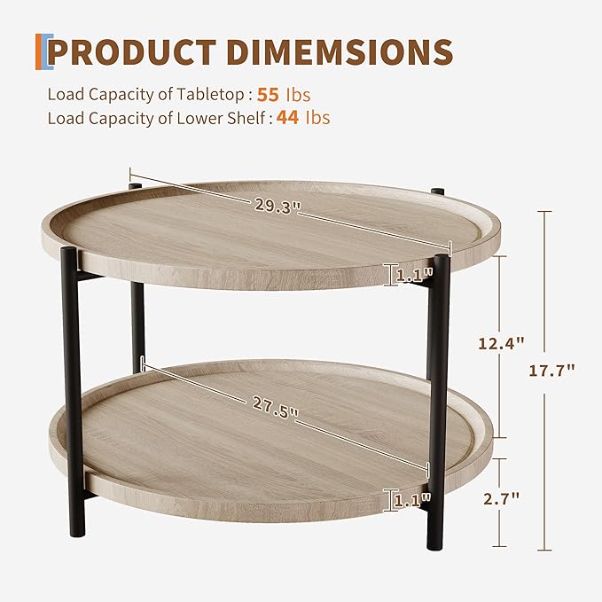 Round Coffee Table for Living Room, Rustic Wood Desktop Center Table with Sturdy Metal Legs, 2-Tier Circle Coffee Table with Storage Shelf, Small Space Center Sofa Table, Modern Home Furniture
