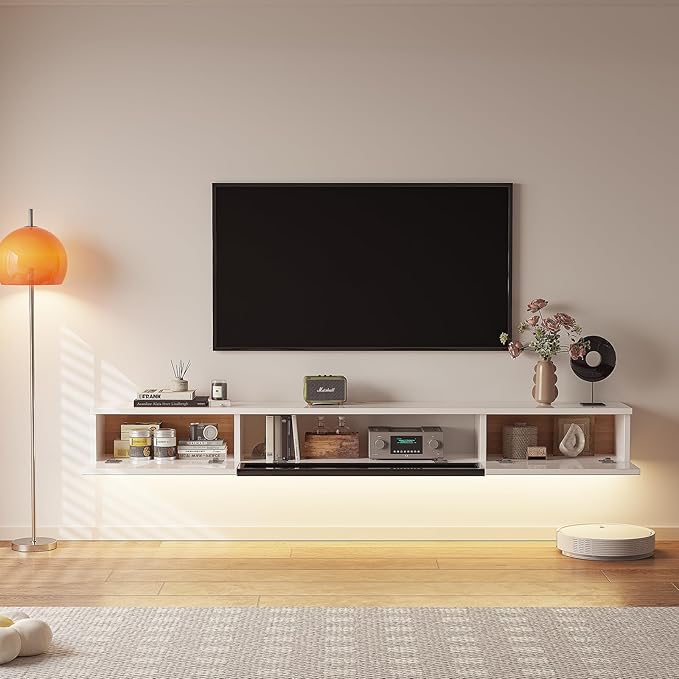 High Gloss Floating TV Stand,70'' Wall Mounted TV Console,Under TV Floating Shelf,Floating TV Cabinet with 3 Doors for Bedroom Living Room(White)