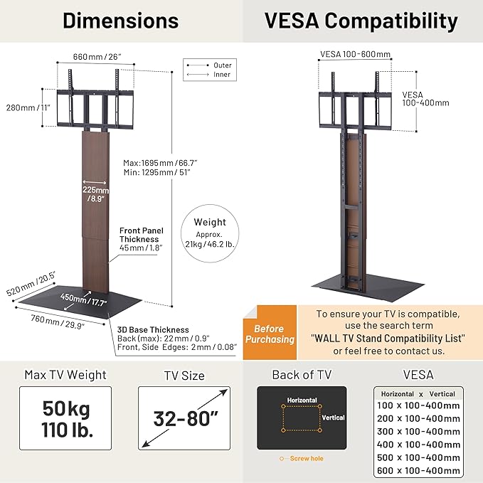 WALL V3 High Type | Sleek 32-80 Inch Universal Ultra Thin TV Stand | Satin White | for Living Room and Bedroom, Space Saving, Adjustable Mount, No Drill, Japan-Engineered Design