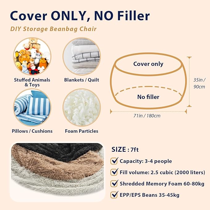 7FT Oversized Bean Bag Covers Only, Fluffy Stuffed Beanbag Chair Covers No Filler, Washable Bean Bags Cover for Adults, Stuffed Animal Bean Bag Anti-Slip, White