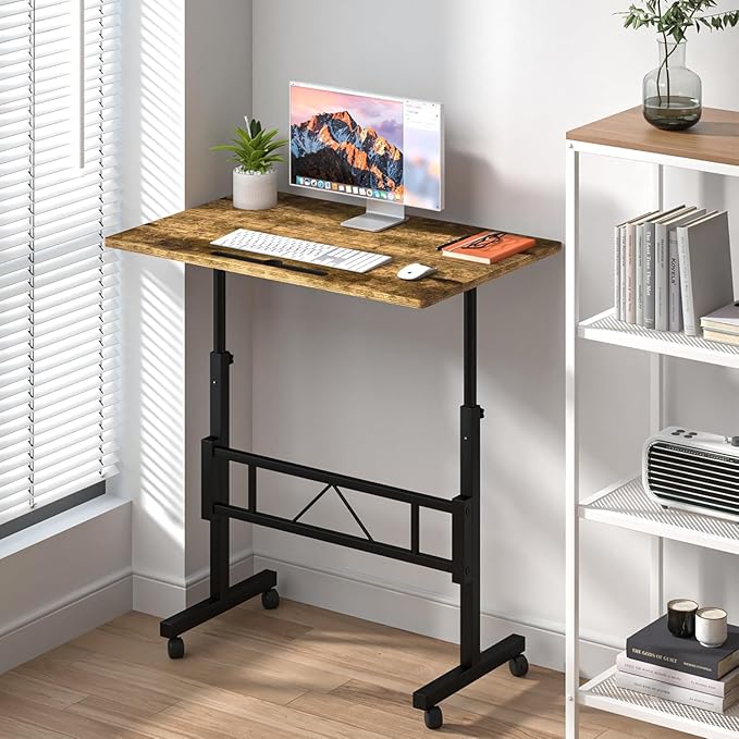 Klvied Small Standing Desk Adjustable Height, Mobile Table with Wheels, Portable Laptop Table, Standing Computer Desk for Walking Pad (Brown)