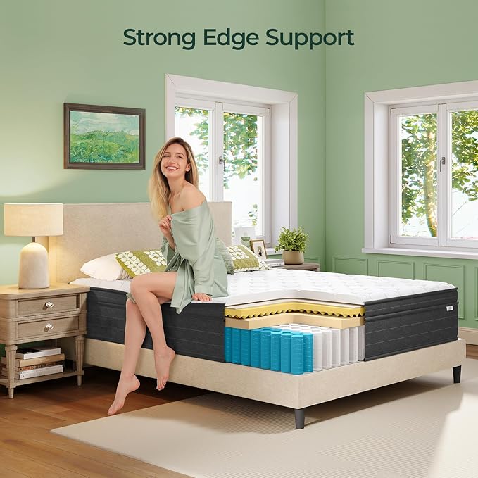 Queen Mattress 10 Inch in a Box - Memory Foam & Pocket Spring Hybrid Mattress for Back Pain Relief, Cool Breathable Fiberglass-Free Cover, Medium Firm, CertiPUR-US Certified