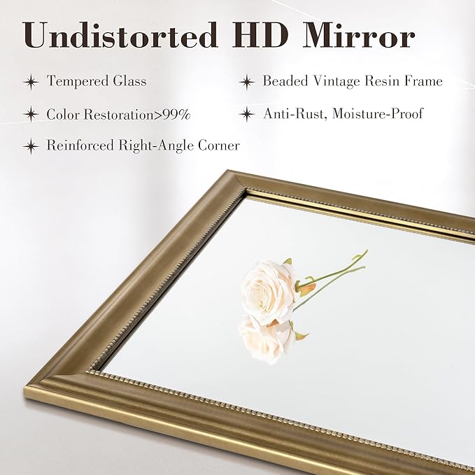 Axeman 28x36 Rectangular Wall Mirror, Decorative Bathroom Mirror, Traditional Vintage Wall Mounted Mirror with Beaded Frame for Accent Living Room Vanity Bedroom Entryway, Gold