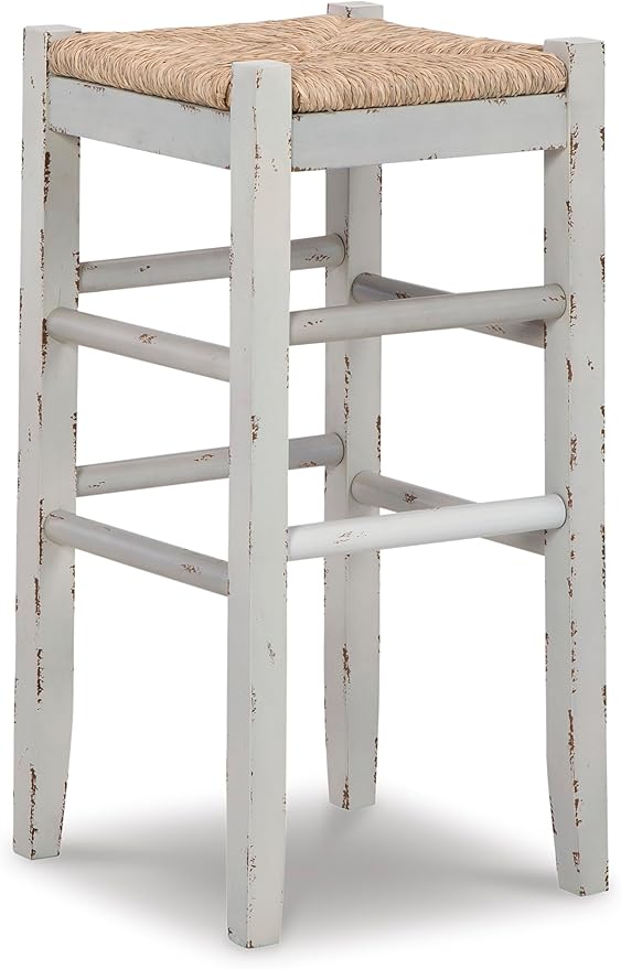 Signature Design by Ashley Mirimyn Farmhouse 29.5" Bar Height Bar Stool with Woven Wicker Seats, 2 Count, White & Light Brown