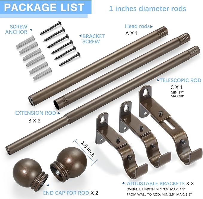 Curtain Rods for Windows 16 to 76 Inches, Curtain Rod Max Adjustable Length of 88 IN, 1" Diameter Drapery Rods Round Finials, Brown, Pack of 1