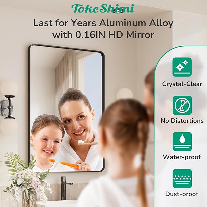 TokeShimi 36x36 Matte Black Bathroom Mirror,Bathroom Vanity Mirror Square,Tempered Glass,Black Framed Bath Mirror Wall(Horizontal/Vertical)