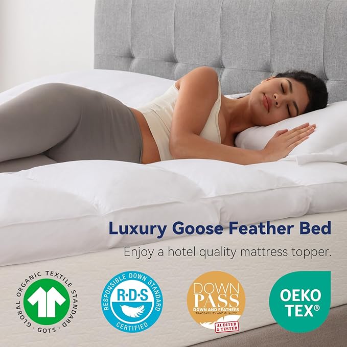 3 Inch White Goose Feather Mattress Topper,California King Size Feather Bed Topper,Mattress Cover with Straps,Ultra Soft Pillowtop,100% Organic Cotton Fabric(72”x84”)