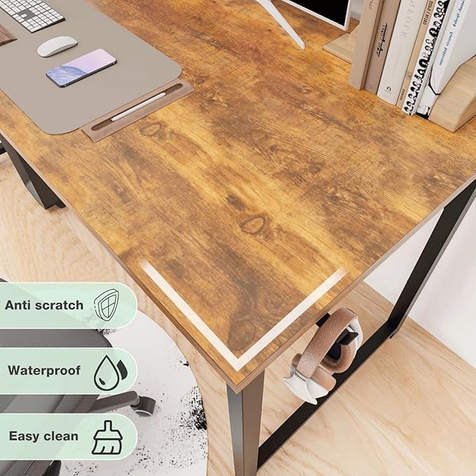 40 Inch Desk Office with Storage, Modern Simple Style Gaming Computer Table for Youth Student Adult, Metal and Wood Home Office Furniture, Rustic Brown