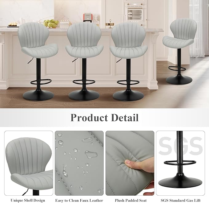 COLAMY Bar Stools Set of 2, Modern Swivel Bar Chairs, Adjustable Faux Leather Upholstered Barstools Counter Height with High Backrest for Bar, Kitchen Island, Dining Room, Grey