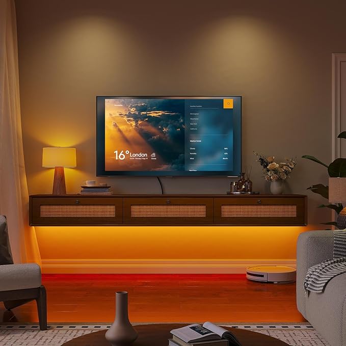 Fully-Assembled Floating TV Stand with 3 Rattan Doors, Rustic Floating Entertainment Center Under TV Shelf, Modern Large Storage Wall Mounted Media Console for Living Room Bedroom 55IN