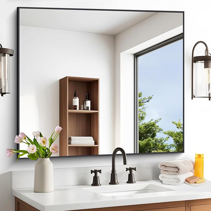 Black Bathroom Mirror for Wall, 36x40 Inch Rectangle Mirrors with Metal Frame, Modern Vanity Wall Mirror Decor for Entryway Hangs, Bathroom Living Room Horizontal or Vertical