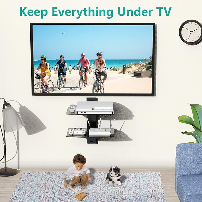 WALI Floating Entertainment Center Shelves, Holds Up to 17.6lbs, TV Shelf with Strengthened Tempered Glasses for DVD Players, Cable Boxes, Games Consoles, TV Accessories (CS202B), 2 Shelf, Black
