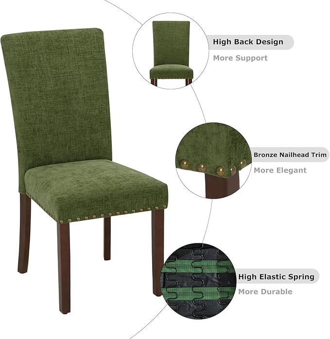 COLAMY Upholstered Parsons Dining Chairs Set of 6, Fabric Dining Room Kitchen Side Chair with Nailhead Trim and Wood Legs - Green
