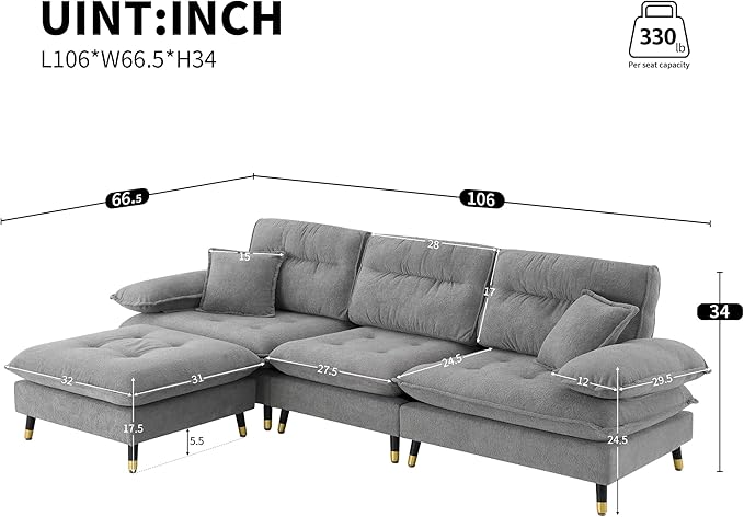 106" L Shaped Convertible Sectional Sofa,4 Seat Tufted Cloud Couch Set W/Movable Ottoman for Living Room, Apartment,Office,Chenille Fabric,Grey
