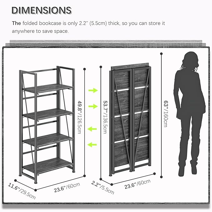 4NM No-Assembly Folding Bookshelf Storage Shelves 4 Tiers Vintage Bookcase Standing Racks Study Organizer Home Office (Gray Black)