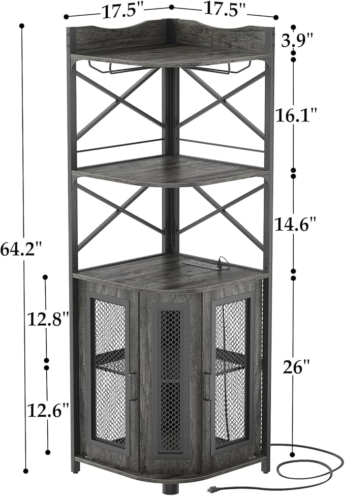 Aheaplus Corner Bar Cabinet with Power Outlet, Industrial Wine Cabinet with LED Strip and Glass Holder, 5-Tiers Liquor Cabinet Bar Unit for Home, Corner Display Cabinet for Small Space, Grey Oak