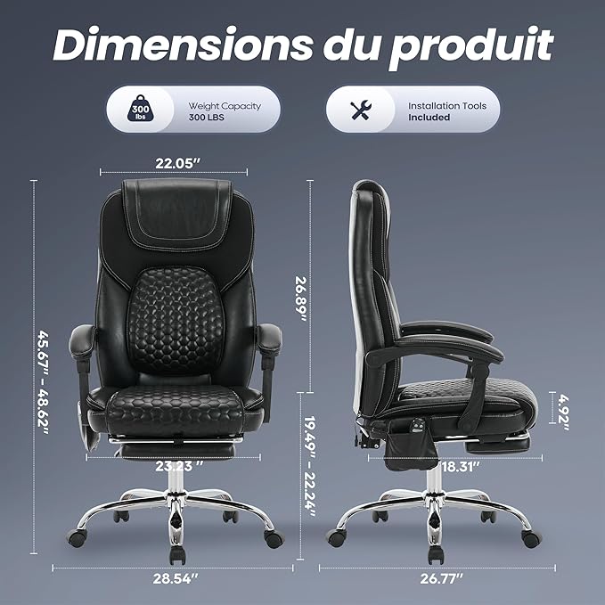 Massage Office Chair with Heat and Footrest –Reclining Desk Chair, Big and Tall Leather Computer Chair with Wheels, PU Executive Office Chair for Home, Gaming, Study, 300 lbs,Black