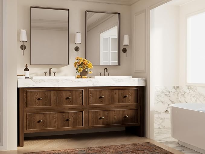 Keonjinn 24 x 36 in Brushed Bronze Bathroom Mirror, Rectangular Metal Frame Farmhouse Wall Mirror, Modern Rectangle Mirrors with Aluminum Alloy Framed for Over Sink(Horizontal/Vertical)