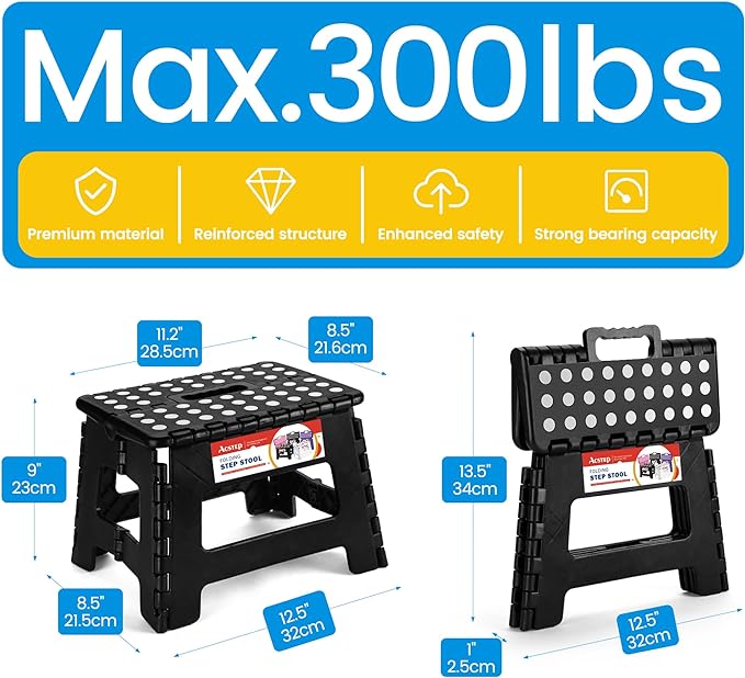 ACSTEP Folding Step Stool 9'' Tall Kids Step Stool Holds Up to 300 lb Plastic Foldable Step Stools for Kids Non-Slip Surface with Carry Handle Collapsible Stool for Home, Outdoor and Indoor(Black)