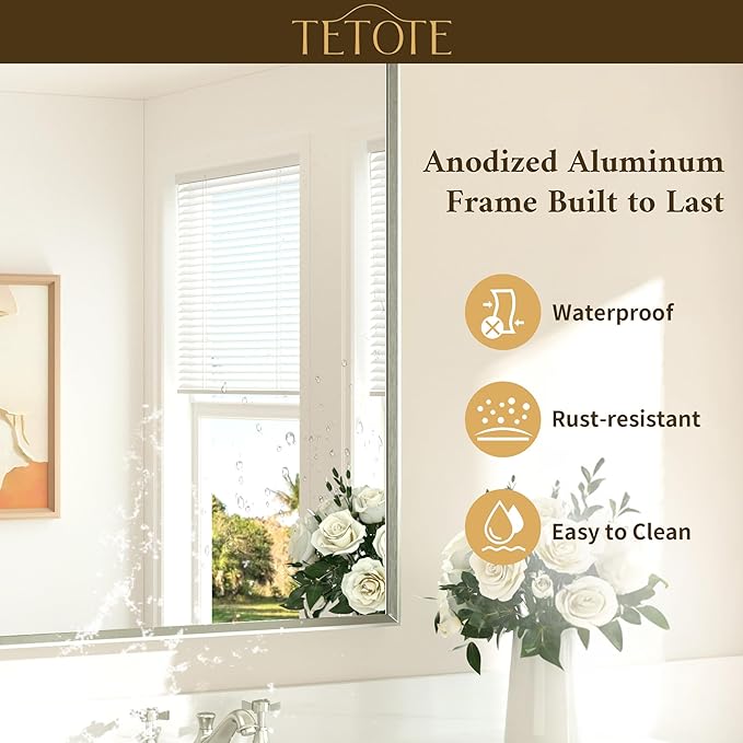 TETOTE Bathroom Mirror for Over Sink Brushed Nickel Beveled Frame 42" x 36" Rectangle Bathroom Vanity Wall Mirror, Tempered Glass, Stronger Frame, Modern Farmhouse Bedroom, Entryway, Living Room
