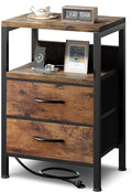 NightStand Bedside Charging Table Bedroom - Brown Night Stand with Charger Station, Modern Bed Side End Table with Open Shelf & 2 Fabric Drawers, USB-C USB Ports & AC Outlets for Dorm, Living Room