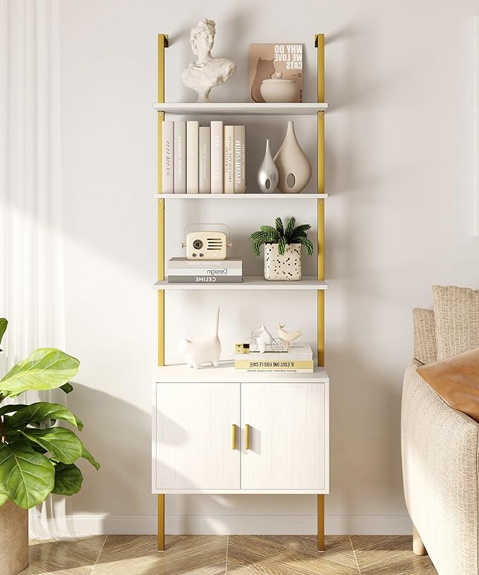 Yusong 73" Tall Bookshelf with Cabinet, Industrial Ladder Wall Mount Shelf Bookcase with Wood and Metal Frame, Plant Shelf Wall Storage Display for Living Room Bedroom, White Gold