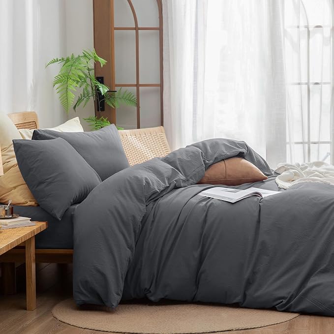 BESTOUCH Duvet Cover Set 100% Washed Cotton Linen Feel Super Soft Comfortable Chic Lightweight 3 PCs Home Bedding Set Solid Quiet Shade Grey Super King Plus