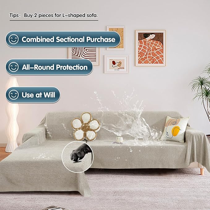 STACYPIK Waterproof Sofa Covers Durable Beige Sectional Couch Cover L Shape for Kids Dogs Pet Protector Non-Slip Sofa Slipcover for 3-4 Cushion Couch Multi-Use Leak-Proof Couch Cover-71X150IN