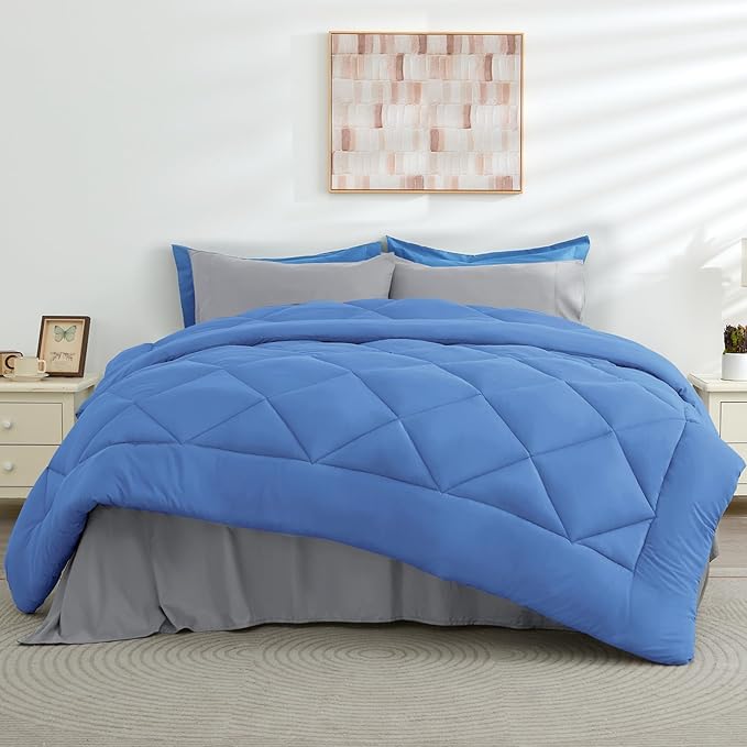 HEVUMYI Royal Blue & Light Grey Full Comforter Set - 7-Piece All Season Bed in a Bag Full, Ultra Soft Bedding Set with Comforter, Flat Sheet, Fitted Sheet, Pillowcases, Pillow Shams, Royal Blue