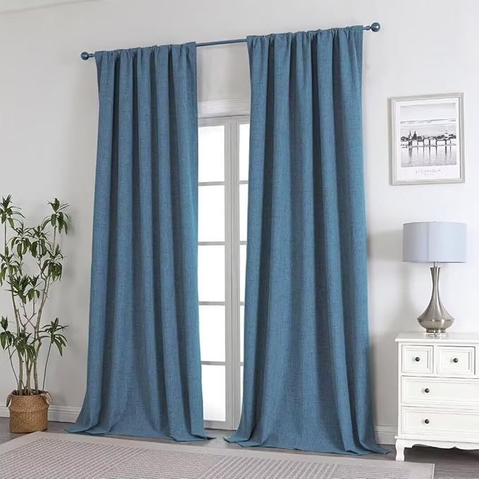 Joydeco Natural Linen Curtains 108 inch Length 2 Panels Set Burg 100% Blackout Patio Door Curtain Room Darkening Sliding Door Curtains Thermal Insulated Back tab Rod Pocket(105x108 inch, Sky Blue)