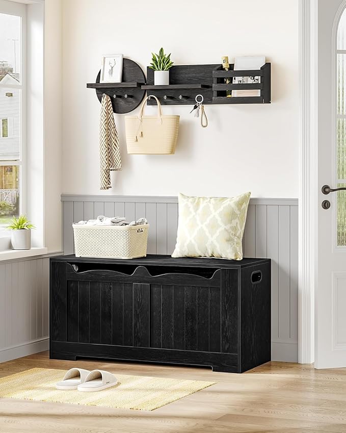 43.3" Storage Chest, Extra Large Storage Bench Trunk with 2 Safety Hinges, Wooden Box, Lift-Top Chest Organizer, Shoe Bench for Entryway, Bedroom, Living Room, Black SB25504X