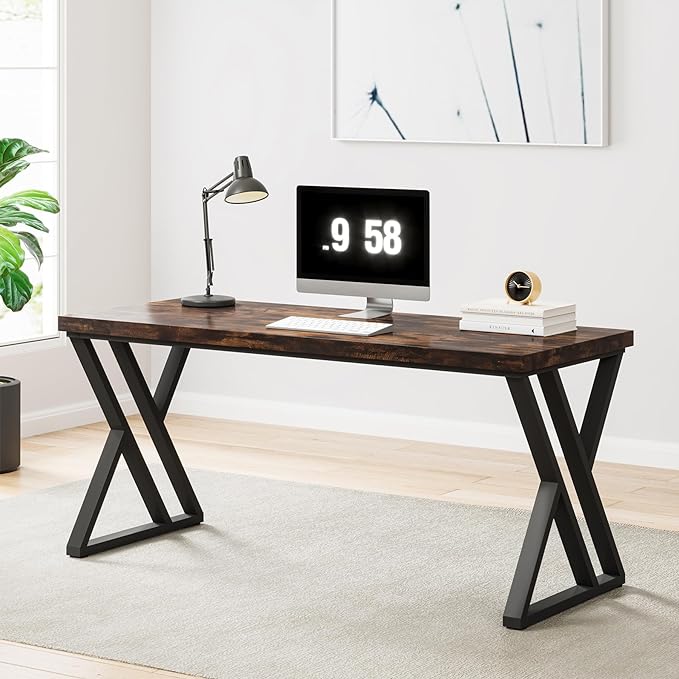 Tribesigns Writing Computer Desk, 55 inch Heavy Duty Study Desk with Z-Shaped Metal Leg, Modern Simple Home Office Computer Desk, Rustic Brown